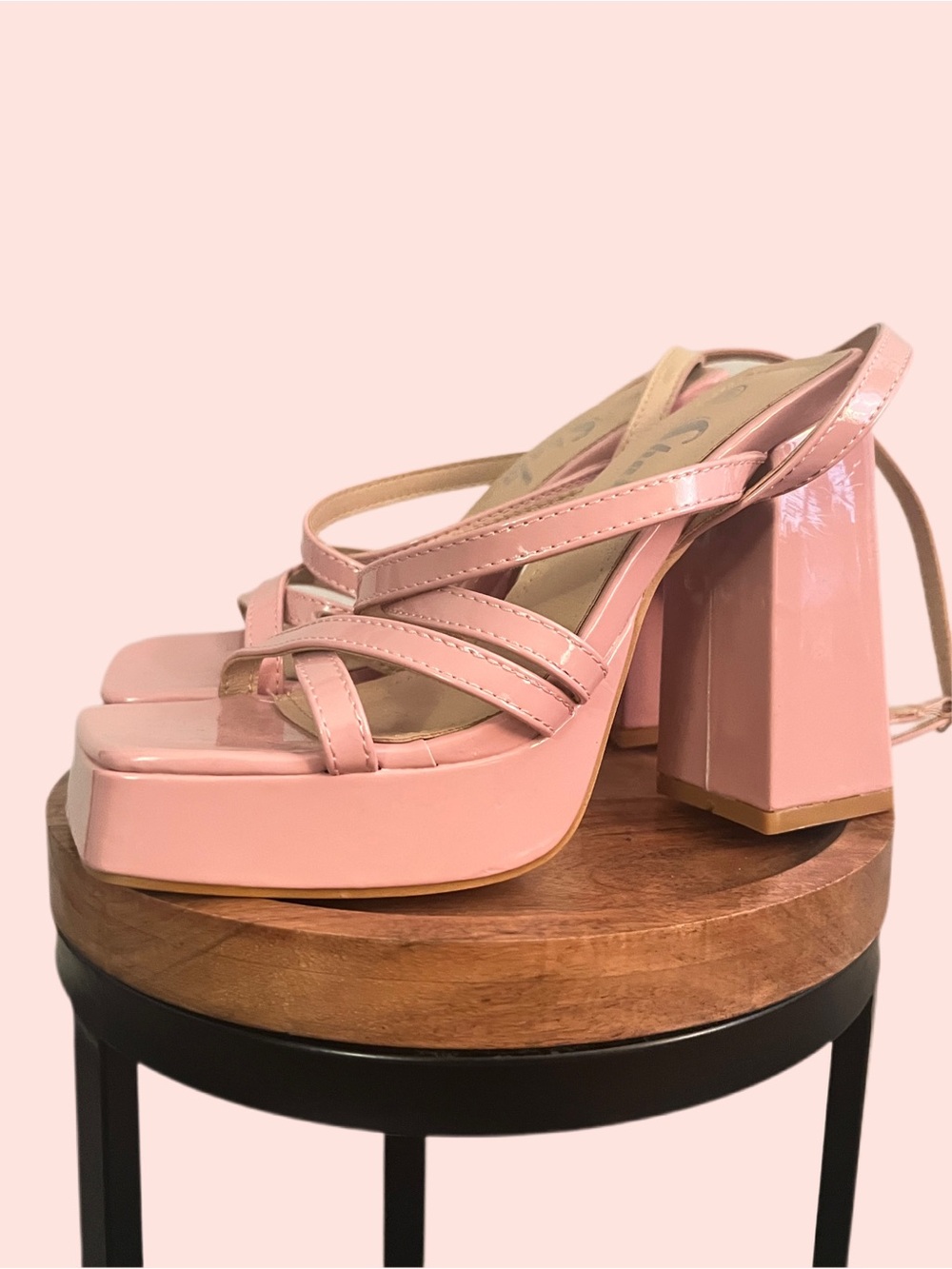 SHEIN Pink Patent Platform Block Heel Sandals
